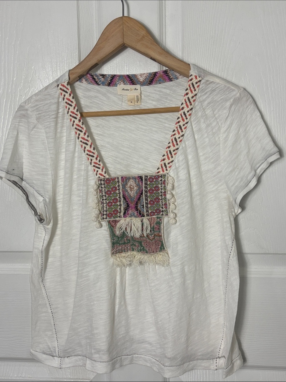 MEADOW RUE White Burnout Embroidered Fryinge Boho Short Sleeve Top Size Medium